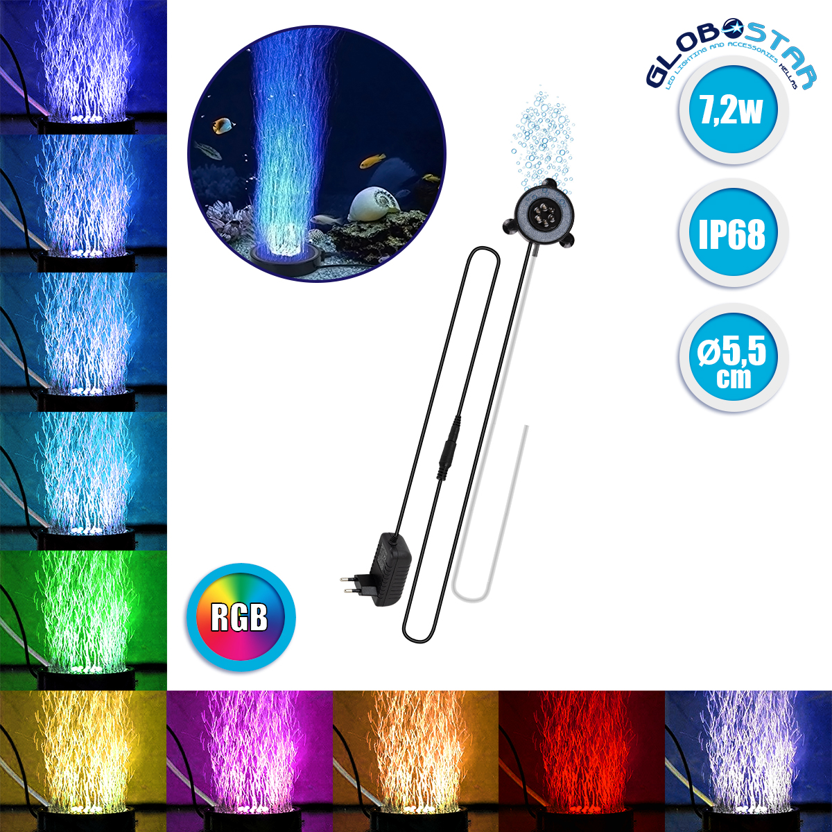 LEDTM® AQUARIUS 79682 Φωτιστικό Ενυδρείου με Οξυγονωτή LED 7.2W 360lm 180° AC 220-240V Αδιάβροχο IP68 Πολύχρωμο RGB - Sanan SMD Chip - Μαύρο - Μ5.5 x Π5.5 x Υ2.1cm - 2 Χρόνια Εγγύηση