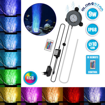 LEDTM® 79683 Φωτιστικό Ενυδρείου & Οξυγονωτής / Μηχανισμός Φυσαλίδων Φ10cm LED 9W 180° AC 230V Αδιάβροχο IP68 με Ασύρματο Χειριστήριο IR Πολύχρωμο RGB