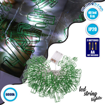 79802 Διακοσμητική Γιρλάντα Green Cactus 6 Μέτρα με Διακόπτη On/Off - 40 LED 4W με Μπαταρίες 3xAA & Διάφανο Καλώδιο IP20 Ψυχρό Λευκό 6000K Μ6m