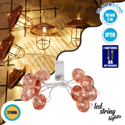 79807 Διακοσμητική Γιρλάντα Bronze Lamp 2 Μέτρα με Διακόπτη On/Off - 10 LED 1W με Μπαταρίες 2xAA & Διάφανο Καλώδιο IP20 Θερμό Λευκό 2700K Μ2m