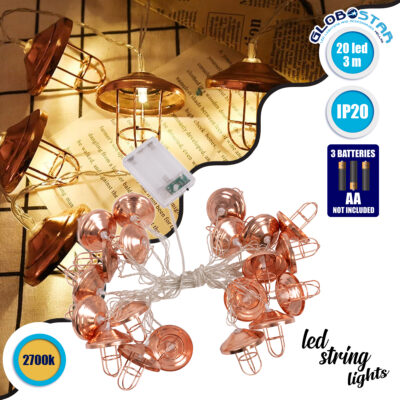 79808 Διακοσμητική Γιρλάντα Bronze Lamp 3 Μέτρα με Διακόπτη On/Off - 20 LED 2W με Μπαταρίες 3xAA & Διάφανο Καλώδιο IP20 Θερμό Λευκό 2700K Μ3m