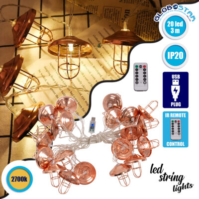 79810 Διακοσμητική Γιρλάντα Bronze Lamp 3 Μέτρα με Διακόπτη On/Off - 20 LED 2W DC 5V με USB & Διάφανο Καλώδιο IP20 Θερμό Λευκό 2700K Μ3m