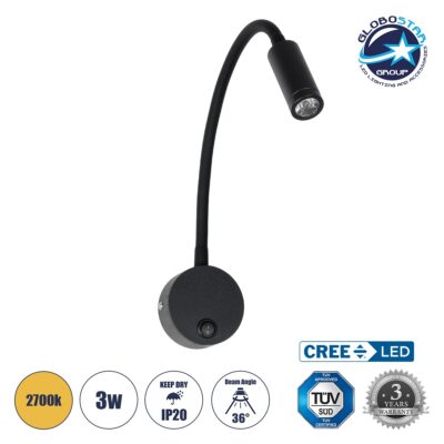 LEDTM® GOOSE 61690 Μοντέρνο Φωτιστικό Τοίχου - Απλίκα Ξενοδοχείου Reading Light LED 3W 300lm 36° AC 220-240V IP20 Θερμό Λευκό 2700K - CREE XPE Chip & TÜV SÜD Driver - Μαύρο Ματ - Μ6.5 x Π15 x Υ24.5cm - 3 Χρόνια Εγγύηση