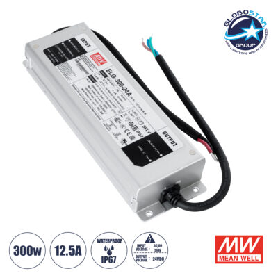 LEDTM® MEANWELL-ELG300-24A 90790 Τροφοδοτικό/Μετασχηματιστής Class I SELV 300W 12.5A AC 220-240V σε DC 24V Αδιάβροχο IP67 - Ρυθμιζόμενo από DC 22.4V έως DC 25.6V - Ασημί - Μ24.6 x Π7.7 x Υ3.9cm - 3 Χρόνια Εγγύηση