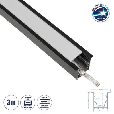 LEDTM® ALP-LINEAR RECESSA 61786-3M Χωνευτό Προφίλ Αλουμινίου με Λευκό Γαλακτερό Πατητό Κάλυμμα για Ταινίες LED IP20 - Μαύρο Ματ - Μ300 x Π3.5 x Υ4cm