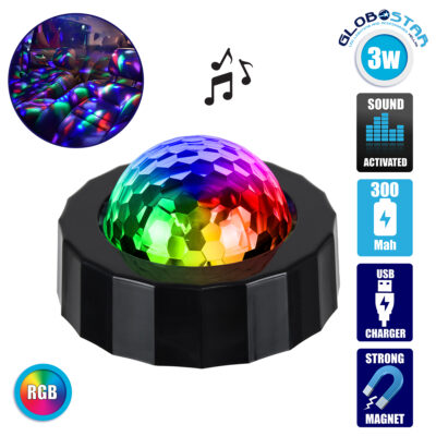 LEDTM® 81844 Φορητό Διακοσμητικό Φωτιστικό Ειδικών Φωτορυθμικών Εφέ PARTY Disco LED 3W DC 5V 300mAh Επαναφορτιζόμενο - Sound Activated - Καλώδιο Τροφοδοσίας USB - Βάση με Μαγνήτη - Πολύχρωμo RGB IP20 Μ7.5 x Π7.5 x Υ4.5cm