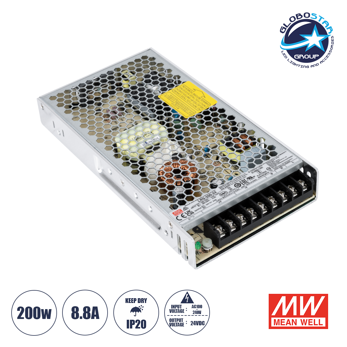 LEDTM® MEANWELL-LRS200-24 90783 Τροφοδοτικό/Μετασχηματιστής Class I PELV 200W 8.8A AC 220-240V σε DC 24V IP20 - Ρυθμιζόμενo από DC 21.6V έως DC 28.8V - Ασημί - Μ21.5 x Π11.5 x Υ3cm - 3 Χρόνια Εγγύηση