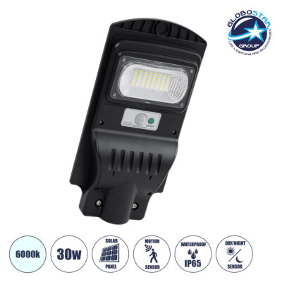 LEDTM® STREETB 85341 Φωτιστικό Δρόμου LED 30W 1500lm 120° DC 5V με Ενσωματωμένο Φωτοβολταϊκό Panel 6V 6W & Επαναφορτιζόμενη Μπαταρία Li-ion 3.2V 5000mAh με Αισθητήρα Κίνησης-Ημέρας-Νύχτας Αδιάβροχο IP65 Ψυχρό Λευκό 6000K - Μαύρο - Μ20 x Π40 x Υ6cm - 2 Χρόνια Εγγύηση