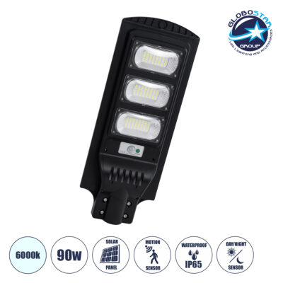 LEDTM® STREETB 85343 Φωτιστικό Δρόμου LED 90W 4500lm 120° DC 5V με Ενσωματωμένο Φωτοβολταϊκό Panel 6V 12W & Επαναφορτιζόμενη Μπαταρία Li-ion 3.2V 12000mAh με Αισθητήρα Κίνησης-Ημέρας-Νύχτας Αδιάβροχο IP65 Ψυχρό Λευκό 6000K - Μαύρο - Μ24 x Π63 x Υ6cm - 2 Χρόνια Εγγύηση