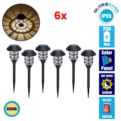 LEDTM® 85704 ΣΕΤ 6 Τεμαχίων Αυτόνομα Ηλιακά Φωτιστικά LED SMD 1W 100lm με Ενσωματωμένη Μπαταρία 250mAh - Φωτοβολταϊκό Πάνελ με Αισθητήρα Ημέρας-Νύχτας Αδιάβροχο IP65 Φανάρι Κήπου Στρογγυλό Θερμό Λευκό 3000K