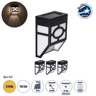 LEDTM® 85707 ΣΕΤ 4 Τεμαχίων Αυτόνομα Ηλιακά Φωτιστικά Τοίχου Μαύρα-Λευκά LED SMD 1W 100lm με Ενσωματωμένη Μπαταρία 600mAh - Φωτοβολταϊκό Πάνελ με Αισθητήρα Ημέρας-Νύχτας Αδιάβροχα IP65 Θερμό Λευκό 3000K