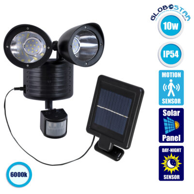 LEDTM® 85712 Μαύρο Αυτόνομο Ηλιακό Φωτιστικό LED SMD 10W 150lm με Ενσωματωμένη Μπαταρία 1200mAh - Φωτοβολταϊκό Πάνελ με Αισθητήρα Ημέρας-Νύχτας και PIR Αισθητήρα Κίνησης Αδιάβροχο IP54 Ψυχρό Λευκό 6000K