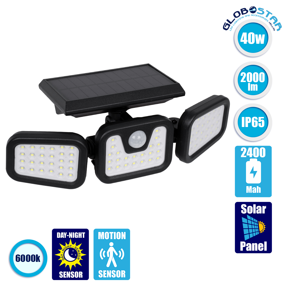 LEDTM® 85713 Αυτόνομος Ηλιακός Προβολέας με Τρεις Περιστρεφόμενες Κεφαλές LED SMD 2835 40W 2000lm με Ενσωματωμένη Μπαταρία 2400mAh - Φωτοβολταϊκό Πάνελ με Αισθητήρα Ημέρας-Νύχτας - PIR Αισθητήρα Κίνησης Αδιάβροχο IP65 Ψυχρό Λευκό 6000K