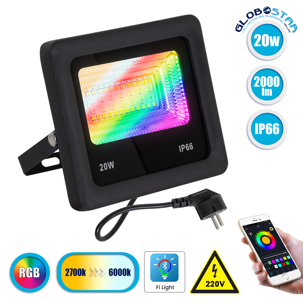 LEDTM® 85815 Προβολέας Εξωτερικός LED SMD 5050 & 2835 20W 2000lm 180° AC 230V με Ασύρματο Wireless Bluetooth Αδιάβροχος IP66 Πολύχρωμος RGB+CCT Θερμό Λευκό 3000K - Λευκό Ημέρας 4500K - Ψυχρό Λευκό 6000K