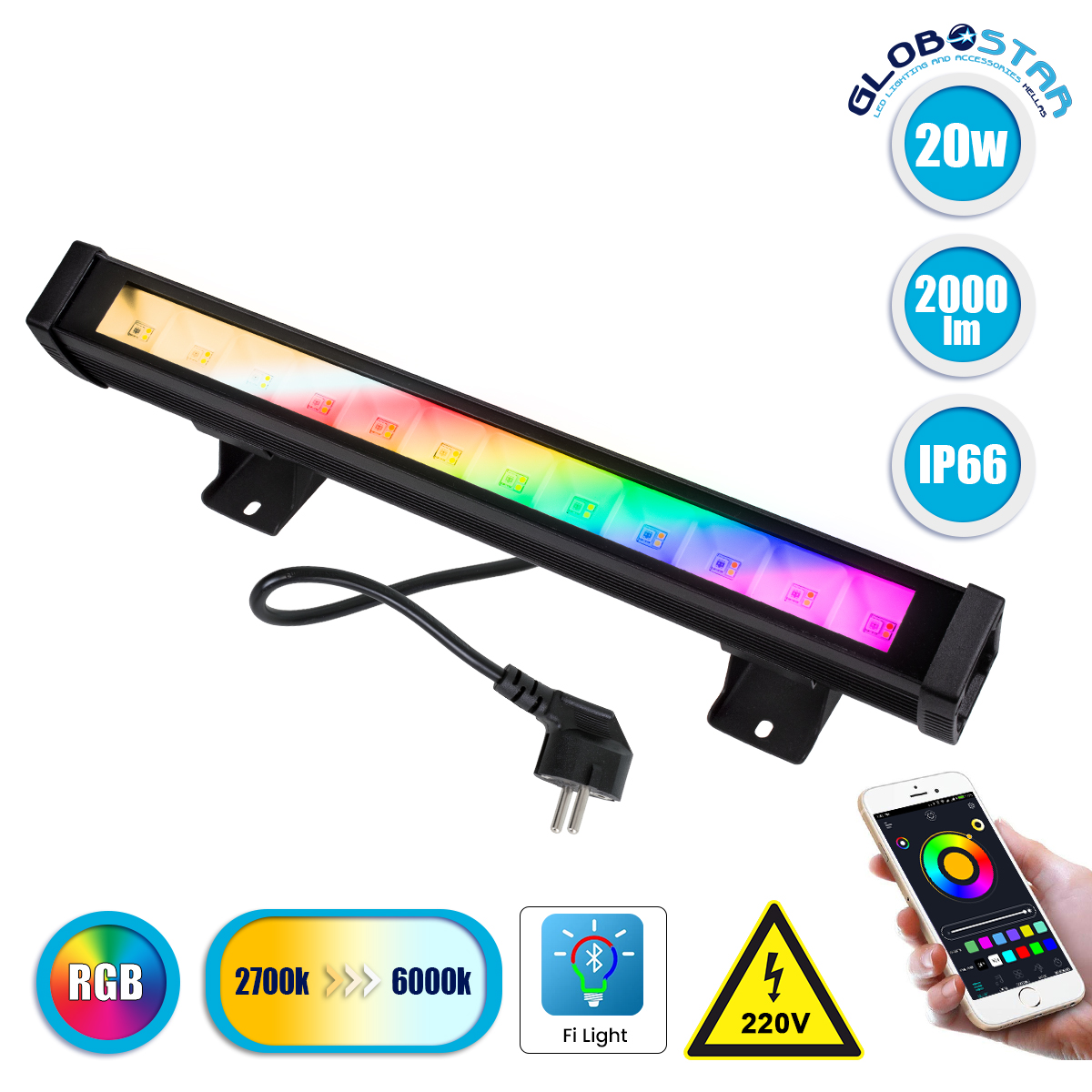 LEDTM® 85816 Μπάρα Εξωτερική LED SMD 5050 & 2835 20W 2000lm 180° AC 230V με Ασύρματο Wireless Bluetooth Αδιάβροχη IP66 Πολύχρωμη RGB+CCT Θερμό Λευκό 3000K - Λευκό Ημέρας 4500K - Ψυχρό Λευκό 6000K
