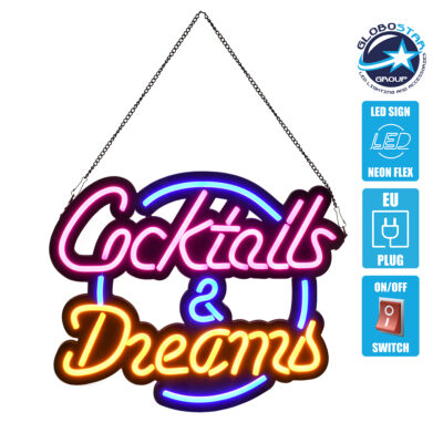 LEDTM® 85850 Φωτιστικό Ταμπέλα Φωτεινή Επιγραφή NEON LED Σήμανσης COCKTAILS & DREAMS 30W AC 230V με Διακόπτη On/Off Ροζ - Γαλάζιο - Κίτρινο