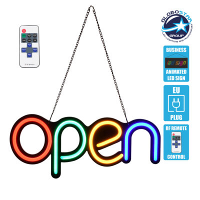 LEDTM® 85856 Φωτιστικό Ταμπέλα Φωτεινή Επιγραφή NEON LED Σήμανσης Animated OPEN 30W AC 230V με Διακόπτη On/Off και Ασύρματο Χειριστήριο IR Κόκκινο - Πράσινο - Κίτρινο - Γαλάζιο