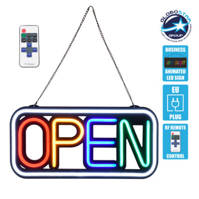 LEDTM® 85857 Φωτιστικό Ταμπέλα Φωτεινή Επιγραφή NEON LED Σήμανσης Animated Square OPEN 30W AC 230V με Διακόπτη On/Off και Ασύρματο Χειριστήριο IR Λευκό - Κόκκινο - Πράσινο - Κίτρινο - Γαλάζιο