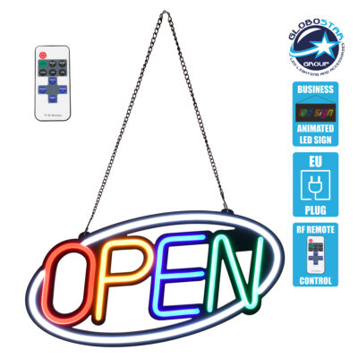 LEDTM® 85858 Φωτιστικό Ταμπέλα Φωτεινή Επιγραφή NEON LED Σήμανσης Animated Ovale OPEN 30W AC 230V με Διακόπτη On/Off και Ασύρματο Χειριστήριο IR Λευκό - Κόκκινο - Πράσινο - Κίτρινο - Γαλάζιο