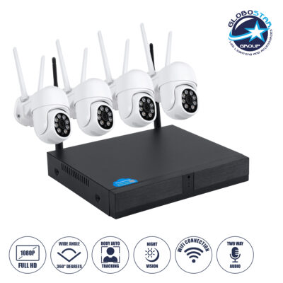 LEDTM® 86039 Ασύρματο Καταγραφικό με 4 x Camera 2MP 1080P WiFi  360° Μοιρών - Αδιάβροχο IP66 - Νυχτερινή Όραση με LED IR - Διπλή Κατέυθυνση Ομιλίας - Ανιχνευτή Κίνησης - Νυχτερινή Λήψη - Λευκό