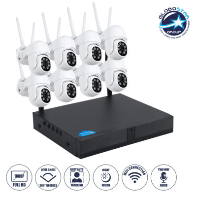 LEDTM® 86040 Ασύρματο Καταγραφικό με 8 x Camera 2MP 1080P WiFi  360° Μοιρών - Αδιάβροχο IP66 - Νυχτερινή Όραση με LED IR - Διπλή Κατέυθυνση Ομιλίας - Ανιχνευτή Κίνησης - Νυχτερινή Λήψη - Λευκό