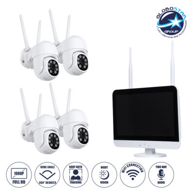 LEDTM® 86041 Ασύρματο Καταγραφικό με Οθόνη - 4 x Camera 2MP 1080P WiFi  360° Μοιρών - Αδιάβροχο IP66 - Νυχτερινή Όραση με LED IR - Διπλή Κατέυθυνση Ομιλίας - Ανιχνευτή Κίνησης - Νυχτερινή Λήψη - Λευκό