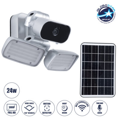 LEDTM® 86044 Αυτόνομος Ηλιακός Προβολέας LED SMD 24W 1200lm με IP Camera 1080P 2MP WiFi 150° Μοιρών - Ενσωματωμένη Μπαταρία 3200mAh - Φωτοβολταϊκό Πάνελ - Αισθητήρα Ημέρας-Νύχτας & Ρύθμιση Χρόνου Ανάμματος - Αδιάβροχος IP66 Ψυχρό Λευκό 6000K - Ασημί