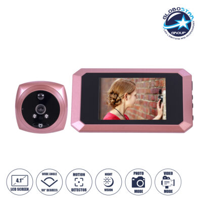 LEDTM® 86064 Επαναφορτιζόμενη Ψηφιακή Έξυπνη Camera Εξώπορτας 90° Μοιρών με Έγχρωμη Οθόνη 4.1" Inches - USB - Νυχτερινή Όραση με LED IR - Κουδούνι - Ροζ