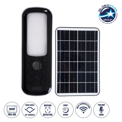 LEDTM® 86073 Αυτόνομος Ηλιακός Επιτοίχιος Προβολέας LED SMD 12W 600lm με IP Camera 1080P 2MP WiFi 150° Μοιρών - Ενσωματωμένη Μπαταρία 2500mAh - Φωτοβολταϊκό Πάνελ - Αισθητήρα Ημέρας-Νύχτας & Ρύθμιση Χρόνου Ανάμματος - Αδιάβροχος IP66 Ψυχρό Λευκό 6000K