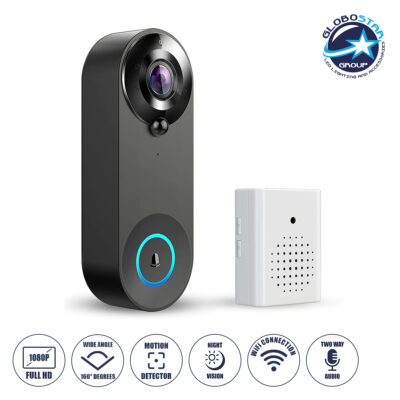 LEDTM® 86075 Επαναφορτιζόμενη Ψηφιακή Έξυπνη Camera Εξώπορτας 1080P WiFi 166° Μοιρών - 2500mAh - Νυχτερινή Όραση με LED IR - Ανιχνευτή Κίνησης - Κουδούνι - Διπλή Κατέυθυνση Ομιλίας - Μαύρο