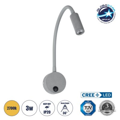 LEDTM® GOOSE 61689 Μοντέρνο Φωτιστικό Τοίχου - Απλίκα Ξενοδοχείου Reading Light LED 3W 300lm 36° AC 220-240V IP20 Θερμό Λευκό 2700K - CREE XPE Chip & TÜV SÜD Driver - Γκρι Ανθρακί Ματ - Μ6.5 x Π15 x Υ24.5cm - 3 Χρόνια Εγγύηση