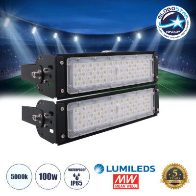 LEDTM® GOLIATH 90100-2 Προβολέας για Γήπεδα Tennis & Ποδοσφαίρου 5x5 LED 100W 15000lm 75°x135° SDCM<5 Fish Eye Lens AC 220-240V Αδιάβροχο IP65 IK08 Φυσικό Λευκό 5000K - Lumileds SMD Chip & Mean Well Driver - Μαύρο Ματ - Μ32 x Π12 x Υ18cm - 5 Χρόνια Εγγύηση