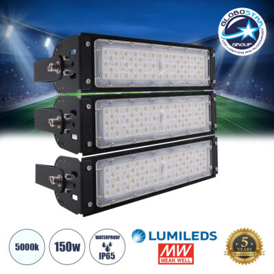 LEDTM® GOLIATH 90100-3 Προβολέας για Γήπεδα Tennis & Ποδοσφαίρου 5x5 LED 150W 22500lm 75°x135° SDCM<5 Fish Eye Lens AC 220-240V Αδιάβροχο IP65 IK08 Φυσικό Λευκό 5000K - Lumileds SMD Chip & Mean Well Driver - Μαύρο Ματ - Μ32 x Π12 x Υ27cm - 5 Χρόνια Εγγύηση