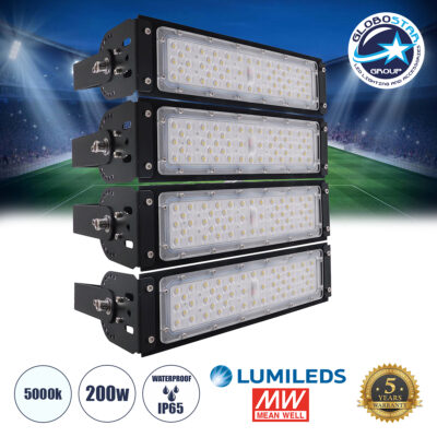 LEDTM® GOLIATH 90100-4 Προβολέας για Γήπεδα Tennis & Ποδοσφαίρου 5x5 LED 200W 30000lm 75°x135° SDCM<5 Fish Eye Lens AC 220-240V Αδιάβροχο IP65 IK08 Φυσικό Λευκό 5000K - Lumileds SMD Chip & Mean Well Driver - Μαύρο Ματ - Μ32 x Π12 x Υ36cm - 5 Χρόνια Εγγύηση