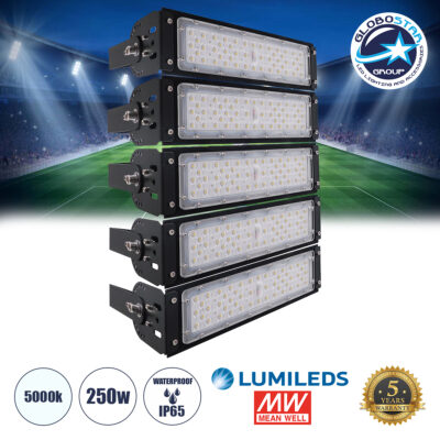 LEDTM® GOLIATH 90100-5 Προβολέας για Γήπεδα Tennis & Ποδοσφαίρου 5x5 LED 250W 37500lm 75°x135° SDCM<5 Fish Eye Lens AC 220-240V Αδιάβροχο IP65 IK08 Φυσικό Λευκό 5000K - Lumileds SMD Chip & Mean Well Driver - Μαύρο Ματ - Μ32 x Π12 x Υ45cm - 5 Χρόνια Εγγύηση