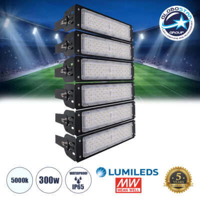 LEDTM® GOLIATH 90100-6 Προβολέας για Γήπεδα Tennis & Ποδοσφαίρου 5x5 LED 300W 45000lm 75°x135° SDCM<5 Fish Eye Lens AC 220-240V Αδιάβροχο IP65 IK08 Φυσικό Λευκό 5000K - Lumileds SMD Chip & Mean Well Driver - Μαύρο Ματ - Μ32 x Π12 x Υ54cm - 5 Χρόνια Εγγύηση