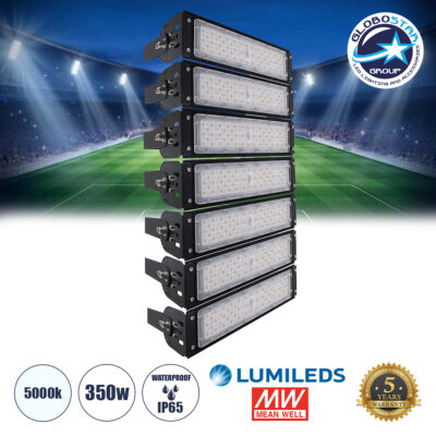 LEDTM® GOLIATH 90100-7 Προβολέας για Γήπεδα Tennis & Ποδοσφαίρου 5x5 LED 350W 52500lm 75°x135° SDCM<5 Fish Eye Lens AC 220-240V Αδιάβροχο IP65 IK08 Φυσικό Λευκό 5000K - Lumileds SMD Chip & Mean Well Driver - Μαύρο Ματ - Μ32 x Π12 x Υ63cm - 5 Χρόνια Εγγύηση