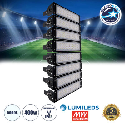 LEDTM® GOLIATH 90100-8 Προβολέας για Γήπεδα Tennis & Ποδοσφαίρου 5x5 LED 400W 60000lm 75°x135° SDCM<5 Fish Eye Lens AC 220-240V Αδιάβροχο IP65 IK08 Φυσικό Λευκό 5000K - Lumileds SMD Chip & Mean Well Driver - Μαύρο Ματ - Μ32 x Π12 x Υ72cm - 5 Χρόνια Εγγύηση