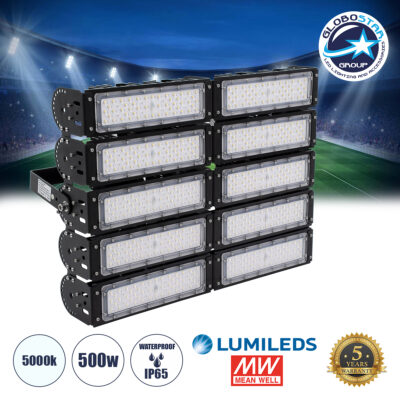 LEDTM® GOLIATH 90104 Προβολέας για Γήπεδα Tennis & Ποδοσφαίρου 5x5 LED 500W 75000lm 75°x135° SDCM<5 Fish Eye Lens AC 220-240V Αδιάβροχο IP65 IK08 Φυσικό Λευκό 5000K - Lumileds SMD Chip & Mean Well Driver - Μαύρο Ματ - Μ62 x Π22 x Υ45cm - 5 Χρόνια Εγγύηση