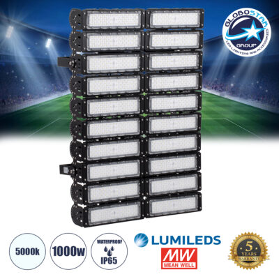 LEDTM® GOLIATH 90105 Προβολέας για Γήπεδα Tennis & Ποδοσφαίρου 5x5 LED 1000W 150000lm 75°x135° SDCM<5 Fish Eye Lens AC 220-240V Αδιάβροχο IP65 IK08 Φυσικό Λευκό 5000K - Lumileds SMD Chip & Mean Well Driver - Μαύρο Ματ - Μ62 x Π22 x Υ90cm - 5 Χρόνια Εγγύηση