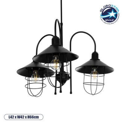 LEDTM® BLAZEO 201-0079 Vintage Κρεμαστό Φωτιστικό Οροφής με Ντουί 3 x E27 AC 220-240V IP20 - Μαύρο - Μ42 x Π42 x Υ66cm