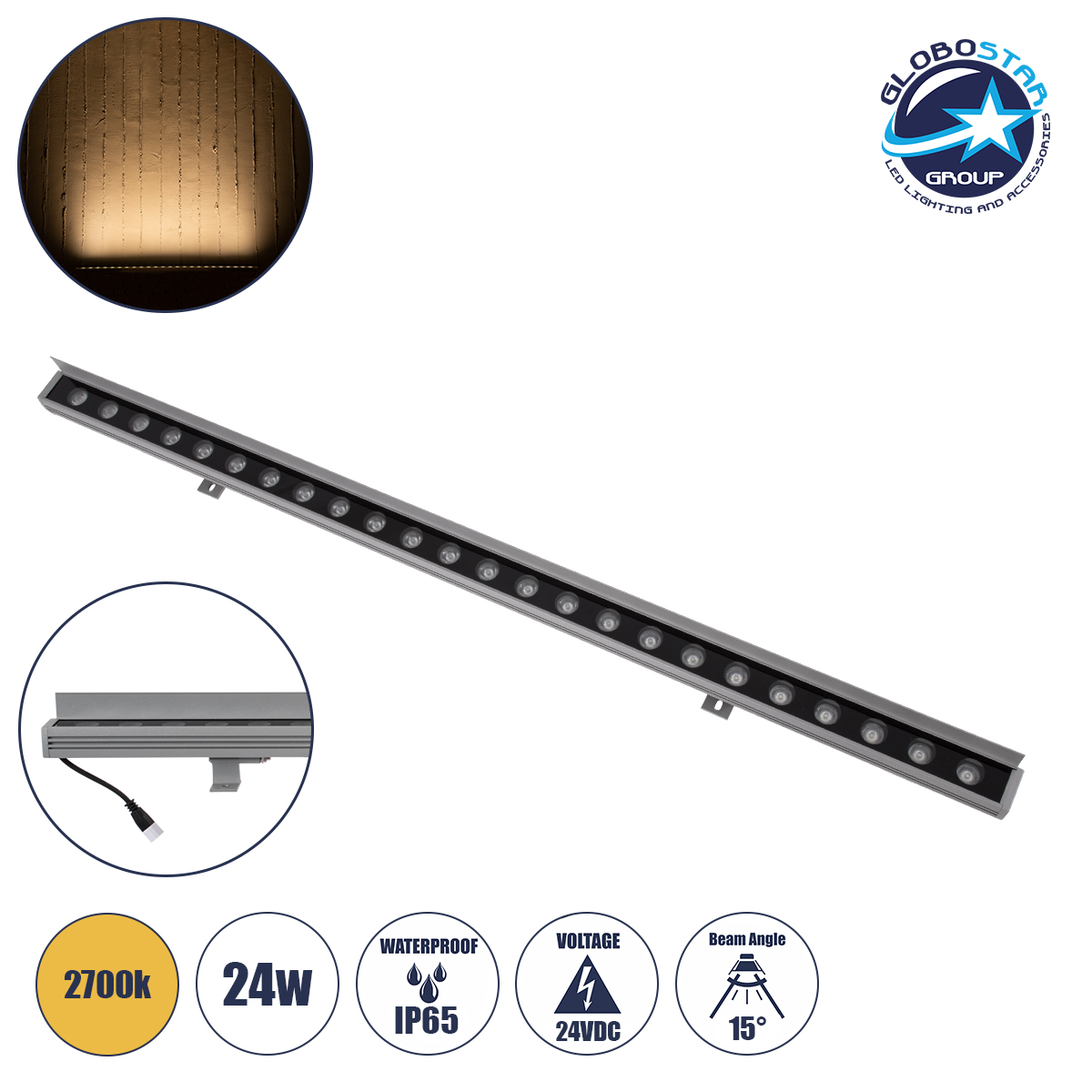 LEDTM® WASHERFAIA 90186 Μπάρα Φωτισμού Wall Washer με Αντιθαμβωτική Γρίλια LED 24W 2640lm 15° DC 24V Αδιάβροχο IP65 Θερμό Λευκό 2700K Dimmable - Bridgelux SMD Chip - Ασημί - Μ100 x Π4 x Υ5.5cm - 3 Χρόνια Εγγύηση