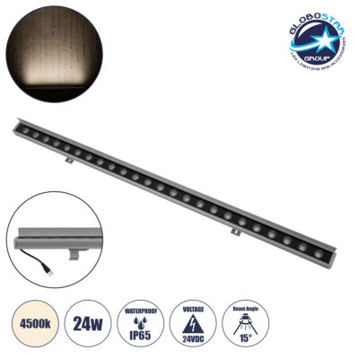 LEDTM® WASHERFAIA 90187 Μπάρα Φωτισμού Wall Washer με Αντιθαμβωτική Γρίλια LED 24W 2760lm 15° DC 24V Αδιάβροχο IP65 Φυσικό Λευκό 4500K Dimmable - Bridgelux SMD Chip - Ασημί - Μ100 x Π4 x Υ5.5cm - 3 Χρόνια Εγγύηση