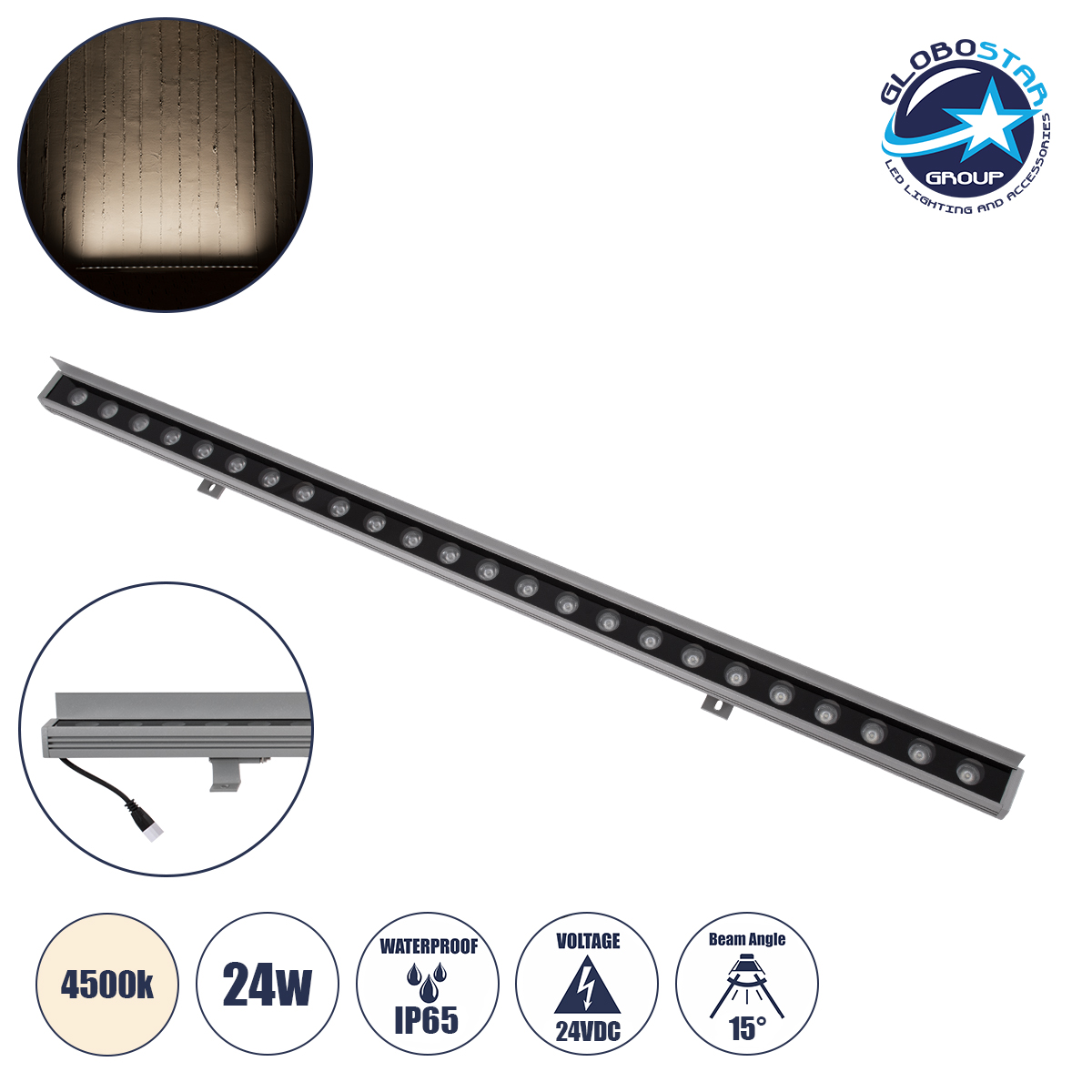 LEDTM® WASHERFAIA 90187 Μπάρα Φωτισμού Wall Washer με Αντιθαμβωτική Γρίλια LED 24W 2760lm 15° DC 24V Αδιάβροχο IP65 Φυσικό Λευκό 4500K Dimmable - Bridgelux SMD Chip - Ασημί - Μ100 x Π4 x Υ5.5cm - 3 Χρόνια Εγγύηση