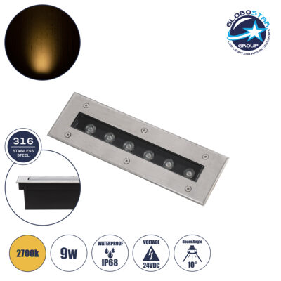 LEDTM® UNDERGROUNDREMVI 90190 Χωνευτή Μπάρα Φωτισμού Wall Washer LED 9W 990lm 10° DC 24V Αδιάβροχο IP68 Θερμό Λευκό 2700K Dimmable - Bridgelux SMD Chip - Ανοξείδωτο Ατσάλι SS316 - Μ30 x Π9 x Υ8.5cm / Q28.5 x 7.5cm - 3 Χρόνια Εγγύηση