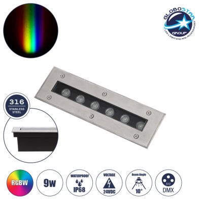 LEDTM® UNDERGROUNDREMVI 90191 Χωνευτή Μπάρα Φωτισμού Wall Washer LED 9W 765lm 10° DC 24V Αδιάβροχο IP68 Πολύχρωμο RGBW Dimmable DMX512 - Bridgelux SMD Chip - Ανοξείδωτο Ατσάλι SS316 - Μ30 x Π9 x Υ8.5cm / Q28.5 x 7.5cm - 3 Χρόνια Εγγύηση