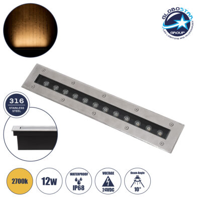 LEDTM® UNDERGROUNDREMVI 90192 Χωνευτή Μπάρα Φωτισμού Wall Washer LED 12W 1320lm 10° DC 24V Αδιάβροχο IP68 Θερμό Λευκό 2700K Dimmable - Bridgelux SMD Chip - Ανοξείδωτο Ατσάλι SS316 - Μ50 x Π7.4 x Υ7cm / Q48.5 x 7.5cm - 3 Χρόνια Εγγύηση
