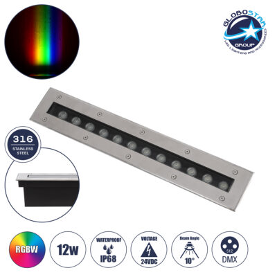 LEDTM® UNDERGROUNDREMVI 90193 Χωνευτή Μπάρα Φωτισμού Wall Washer LED 12W 1020lm 10° DC 24V Αδιάβροχο IP68 Πολύχρωμο RGBW Dimmable DMX512 - Bridgelux SMD Chip - Ανοξείδωτο Ατσάλι SS316 - Μ50 x Π9 x Υ7.2cm / Q48.5 x 7.5cm - 3 Χρόνια Εγγύηση
