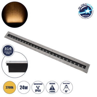 LEDTM® UNDERGROUNDREMVI 90194 Χωνευτή Μπάρα Φωτισμού Wall Washer LED 24W 2640lm 10° DC 24V Αδιάβροχο IP68 Θερμό Λευκό 2700K Dimmable - Bridgelux SMD Chip - Ανοξείδωτο Ατσάλι SS316 - Μ100 x Π9 x Υ7.2cm / Q98.2 x 7.6cm - 3 Χρόνια Εγγύηση