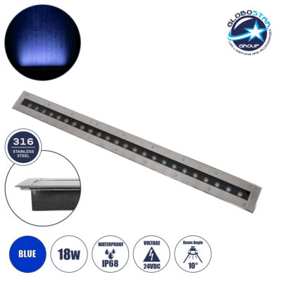 LEDTM® UNDERGROUND-REMVI 90194-B Χωνευτό Φωτιστικό Wall Washer Δαπέδου LED 18W 1440lm 10° DC 24V Αδιάβροχο IP68 L100 x W9 x H7.2cm Μπλε - Ανοξείδωτο Ατσάλι - 3 Years Warranty